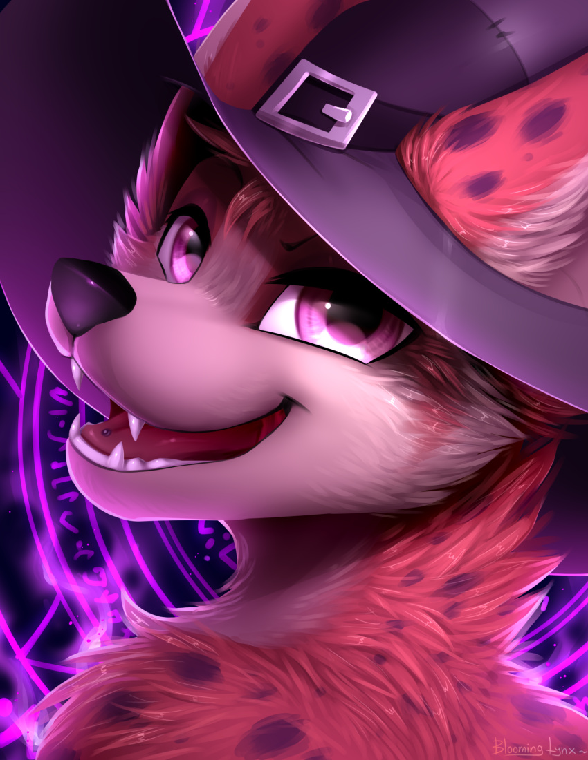 abstract_background ambiguous_gender anthro black_clothing black_hat black_headwear black_nose bloominglynx cheek_tuft clothing facial_tuft fangs fur glistening glistening_eyes glistening_nose hat headgear headwear hi_res looking_at_viewer narrowed_eyes neck_tuft open_mouth open_smile pink_eyes red_body red_ears red_fur red_tongue shoulder_tuft smile solo tan_body tan_fur tongue tuft
