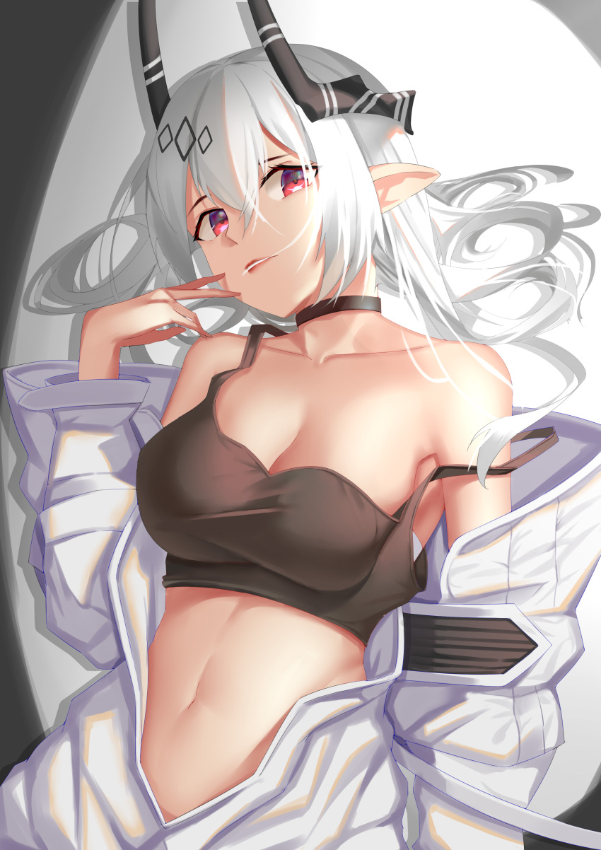 1girl absurdres arknights bangs bare_shoulders black_choker breasts choker cleavage collarbone grey_hair hair_between_eyes hair_in_mouth head_tilt highres horns large_breasts lipstick long_hair long_sleeves looking_at_viewer makeup mudrock_(arknights) navel off_shoulder open_clothes parted_lips pointy_ears red_eyes red_lips simple_background solo sports_bra strap_slip upper_body white_background youye_(rusk8588)