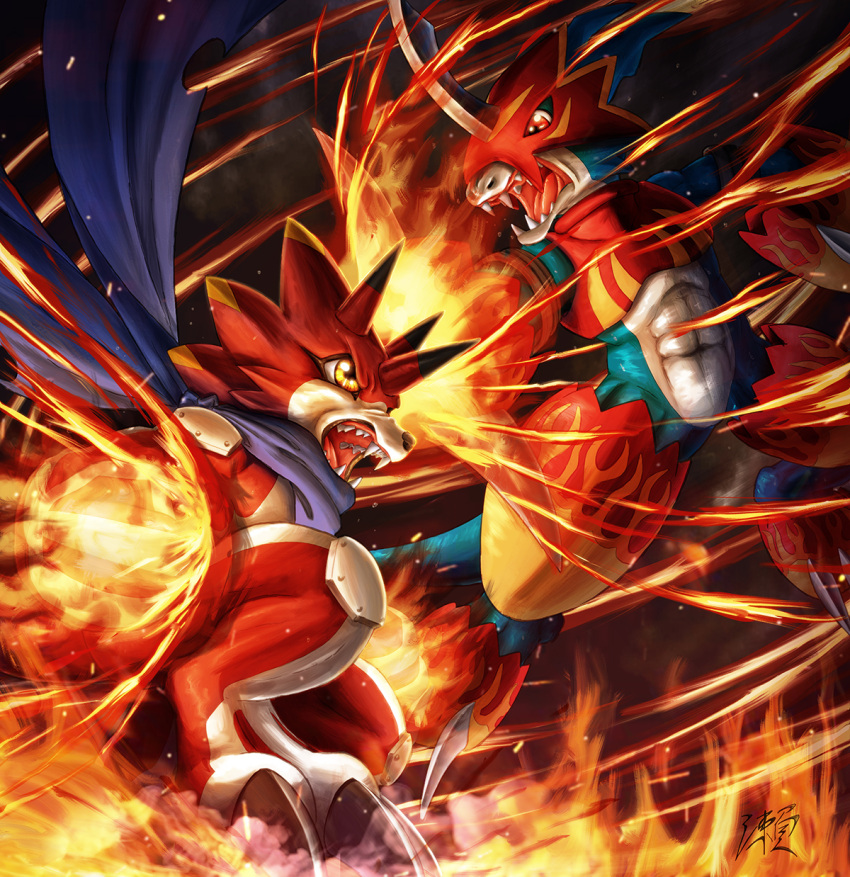 2022 abs angry anthro armor bandai_namco battle betelgammamon blue_body claws digimon digimon_(species) digimon_ghost_game digital_media_(artwork) duo fight fire flamedramon hi_res horn male open_mouth red_body red_eyes scalie scarf sharp_teeth sheltiewolf teeth toe_claws tongue white_body yellow_eyes