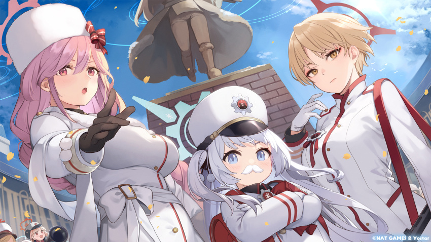 &gt;:( 3girls :o artist_request blonde_hair blue_archive blue_hair bow braid breasts brown_gloves cherino_(blue_archive) cropped crossed_arms fake_facial_hair fake_mustache gloves hair_ribbon halo hat hat_bow highres long_hair long_sleeves looking_at_viewer marina_(blue_archive) multiple_girls official_art pink_eyes pink_hair pointing pointing_at_viewer pom_pom_(clothes) red_bow ribbon short_hair tomoe_(blue_archive) v-shaped_eyebrows white_bow white_gloves white_hair white_uniform yellow_eyes