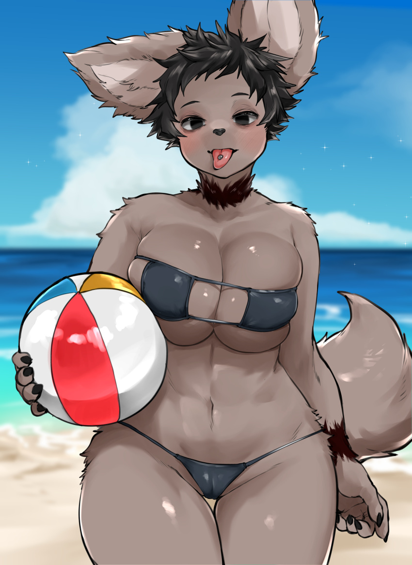 1girl absurdres animal_ears animal_nose arm_at_side bags_under_eyes ball bangs bare_shoulders beach beachball bikini black_bikini black_eyes blue_sky blurry blurry_background blush body_fur breasts brown_fur brown_hair cameltoe claws cleavage cloud collarbone commentary_request cowboy_shot day eyepatch_bikini fox_ears fox_girl fox_tail furry furry_female groin half-closed_eyes happy highres holding holding_ball horizon large_breasts navel ocean open_mouth original outdoors piercing sand shiny shiny_skin short_hair sidelocks skindentation sky smile snout solo sparkle standing stomach straight-on string_bikini suima_(sleepiness18) swimsuit tail thick_thighs thighs toned tongue tongue_out tongue_piercing two-tone_fur underboob wide_hips