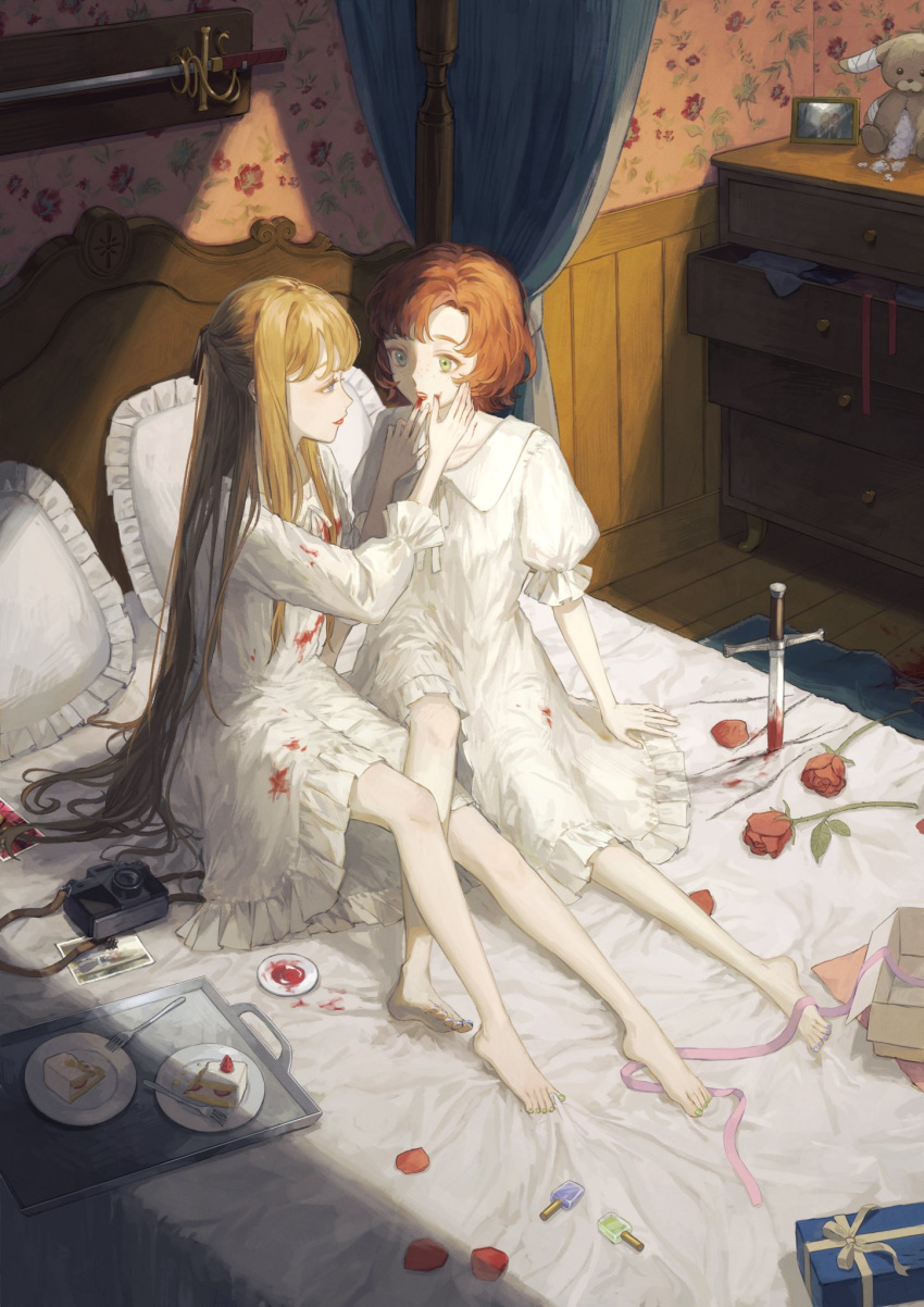 2girls applying_makeup bangs barefoot bed bed_sheet between_legs blonde_hair blood blood_on_clothes blood_on_face blood_splatter blue_eyes box brown_hair cake cake_slice camera canopy_bed collarbone commentary dagger drawer dress eye_contact floral_print flower food fork freckles frilled_dress frilled_pillow frills from_above full_body gift gift_box green_eyes green_nails half_updo hands_on_another's_face hands_up heterochromia highres implied_murder indoors knife long_hair looking_at_another multiple_girls nail_polish nail_polish_bottle nashiko_(nanaju_ko) neck_ribbon on_bed open_mouth original parted_bangs petals photo_(object) picture_frame pillow pink_ribbon planted plate puffy_short_sleeves puffy_sleeves purple_nails red_flower red_lips red_rose ribbon rose rug saucer short_hair short_sleeves sitting smile straight_hair stuffed_animal stuffed_toy sword toenail_polish toenails torn tray wainscoting wallpaper_(object) weapon weapon_on_wall white_dress wooden_floor yuri