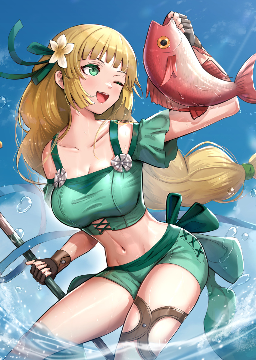 1girl ;d absurdres alternate_costume animal bangs bikini bikini_shorts black_gloves blonde_hair blue_bikini blue_sky blunt_bangs braid breasts cleavage cloud collarbone commentary day fingerless_gloves fire_emblem fire_emblem:_three_houses fire_emblem_heroes fish fishing from_below gloves gonzarez green_bikini green_eyes highres holding holding_animal holding_fish ingrid_brandl_galatea leaning_forward long_hair medium_breasts navel off-shoulder_bikini off_shoulder one_eye_closed open_mouth outdoors revision scales short_shorts short_sleeves shorts sky smile solo splashing stomach swimsuit thigh_strap thighs very_long_hair water