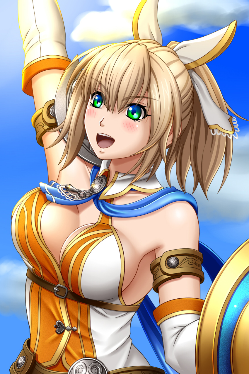 1girl armor armpits ascot belt blonde_hair blue_scarf blue_sky blush breasts cassandra_alexandra cleavage_cutout clothing_cutout cloud cloudy_sky day dress elbow_gloves gloves green_eyes hair_between_eyes hair_ribbon highres medium_breasts multiple_belts nekogoya open_mouth orange_dress pauldrons ponytail ribbon scarf shield shoulder_armor single_pauldron sky smile solo soulcalibur soulcalibur_vi two-tone_dress upper_body white_dress white_ribbon