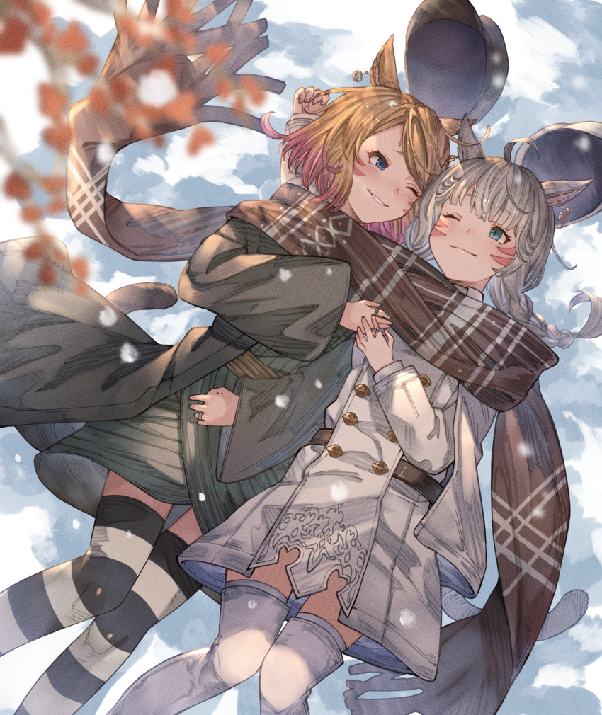 2girls ;) ;d animal_ears avatar_(ff14) ayacho black_thighhighs blonde_hair blue_eyes blurry braid cat_ears cat_girl cat_tail coat depth_of_field dress facial_mark final_fantasy final_fantasy_xiv gradient_hair grey_hair hat hat_removed headwear_removed highres long_coat long_sleeves lying medium_hair miqo'te multicolored_hair multiple_girls on_back on_ground one_eye_closed open_clothes open_coat pink_hair scarf shared_clothes shared_scarf short_hair smile snow striped striped_thighhighs tail thighhighs twin_braids two-tone_thighhighs whisker_markings white_dress white_thighhighs wide_sleeves