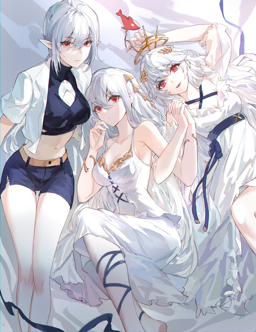 3girls absurdres alternate_costume arknights bangs bare_shoulders black_sash breasts charm_(object) cleavage cleavage_cutout clothing_cutout commentary crop_top cropped_jacket crown dress gladiia_(arknights) grey_hair highres holding holding_hands jacket laurel_crown long_hair lying midriff multiple_girls navel on_back orca pointy_ears red_eyes sash short_shorts short_sleeves shorts skadi_(arknights) sleeveless sleeveless_dress smile specter_(arknights) was775 white_dress white_jacket