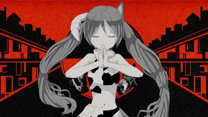 1girl animal_ears animal_print asymmetry bare_arms closed_eyes cow cow_print cowlick crop_top dot_nose fur_collar hair_between_eyes highres horns horse limited_palette long_hair midriff navel own_hands_together pinocchio-p red_background red_theme single_animal_ear single_horn solo strapless tonchinkan_no_en_(vocaloid) tube_top twintails upper_body very_long_hair