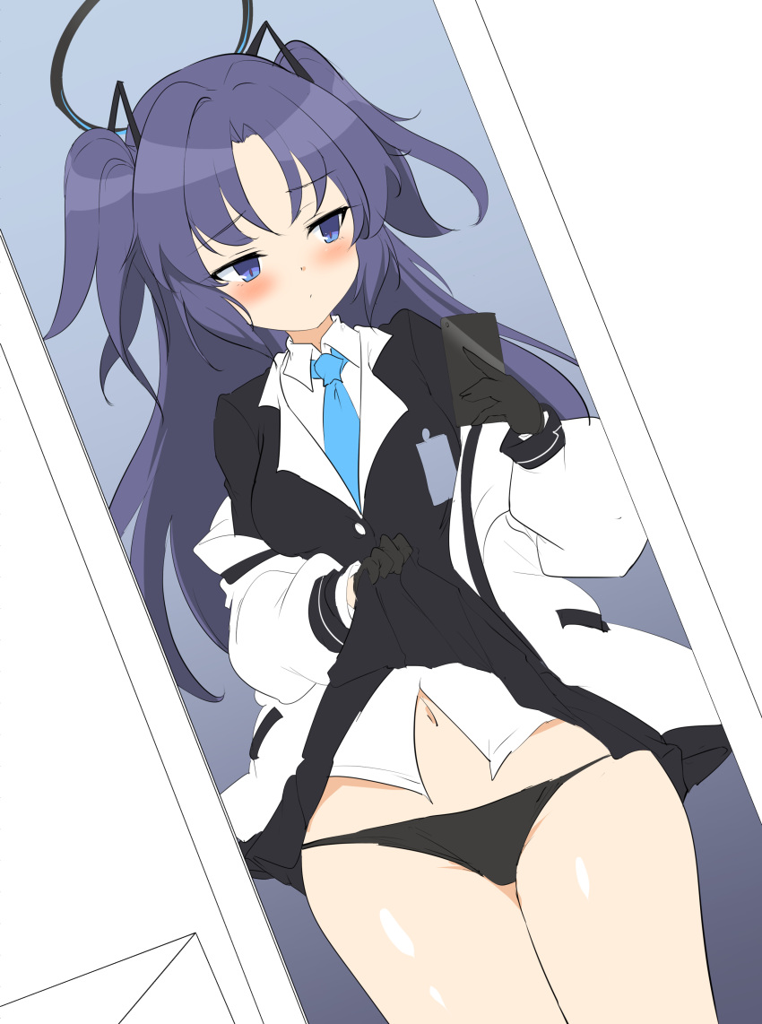 1girl absurdres bangs black_gloves black_jacket black_panties black_skirt blue_archive blue_eyes blue_hair blue_necktie blush cellphone clothes_lift collared_shirt commentary_request gloves highres holding holding_phone jacket lifted_by_self long_hair long_sleeves momio navel necktie off_shoulder open_clothes open_jacket panties parted_bangs phone pleated_skirt puffy_long_sleeves puffy_sleeves selfie shirt skirt skirt_lift solo two_side_up underwear very_long_hair white_jacket white_shirt yuuka_(blue_archive)