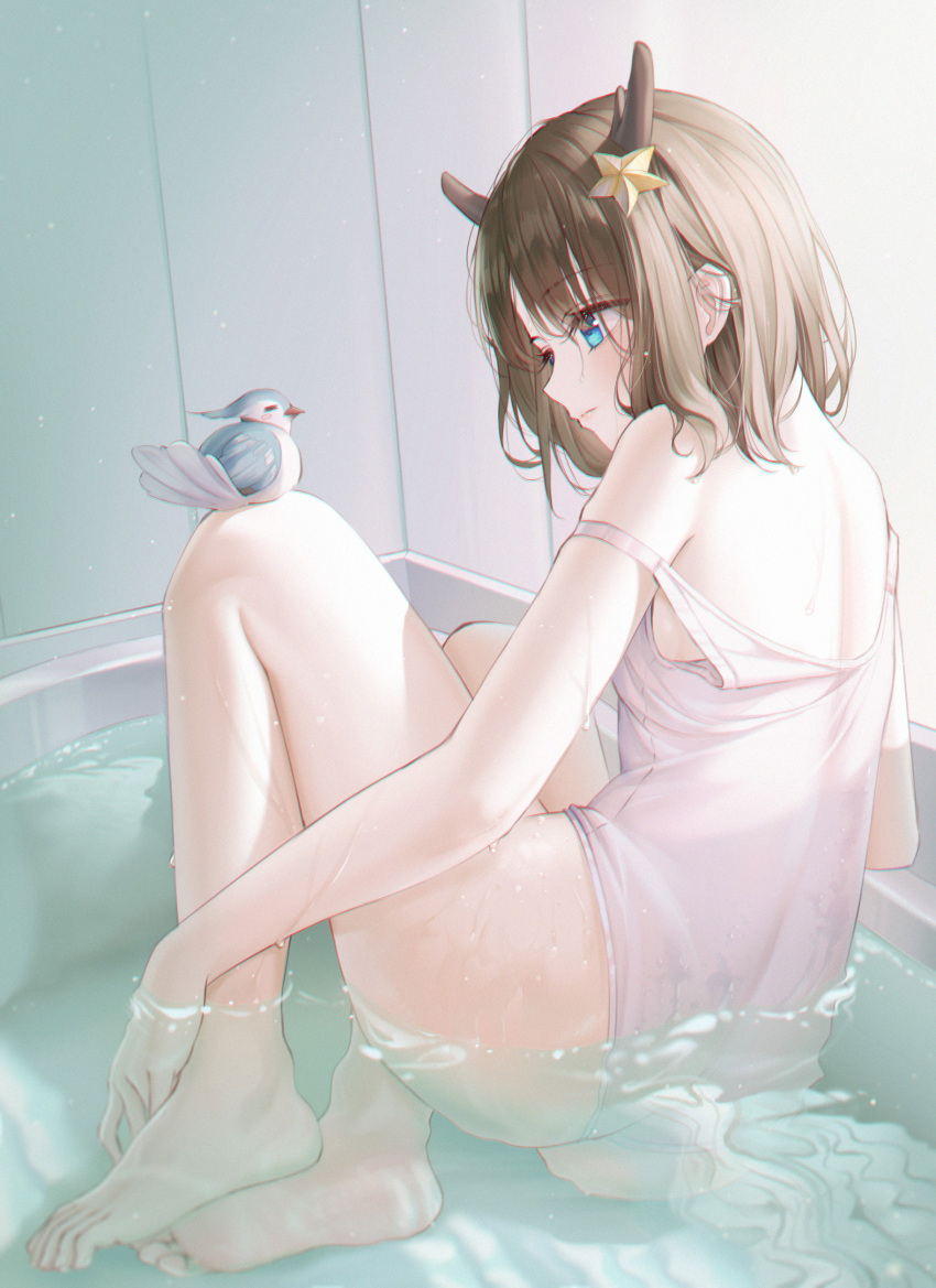 1girl absurdres amaroku_neko animal_on_leg antlers bangs bare_legs barefoot bird blue_eyes breasts brown_hair closed_mouth expressionless hair_ornament highres indie_virtual_youtuber indoors kano_(singer) looking_at_animal medium_hair off_shoulder partially_submerged solo star_(symbol) star_hair_ornament swimsuit virtual_youtuber water wet white_one-piece_swimsuit