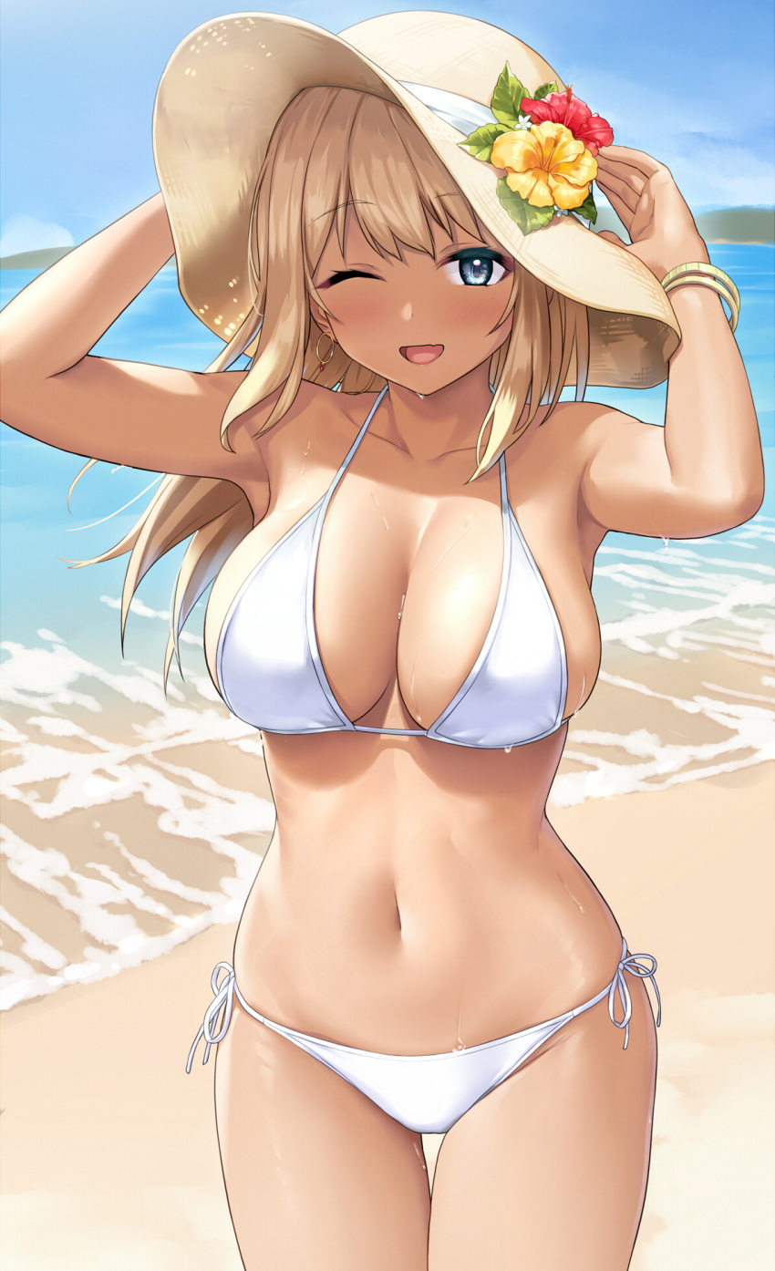 1girl :d bangle bare_arms bare_shoulders beach bikini blue_eyes blue_sky blush bracelet breasts brown_hair cleavage cloud commentary_request cowboy_shot day earrings flower halterneck hand_on_headwear hat hat_flower hibiscus highres jewelry large_breasts long_hair looking_at_viewer navel ocean one_eye_closed original outdoors red_flower sand sawada_yuusuke sidelocks sky smile solo stomach string_bikini sun_hat swimsuit tan thigh_gap thighs wet white_bikini yellow_flower