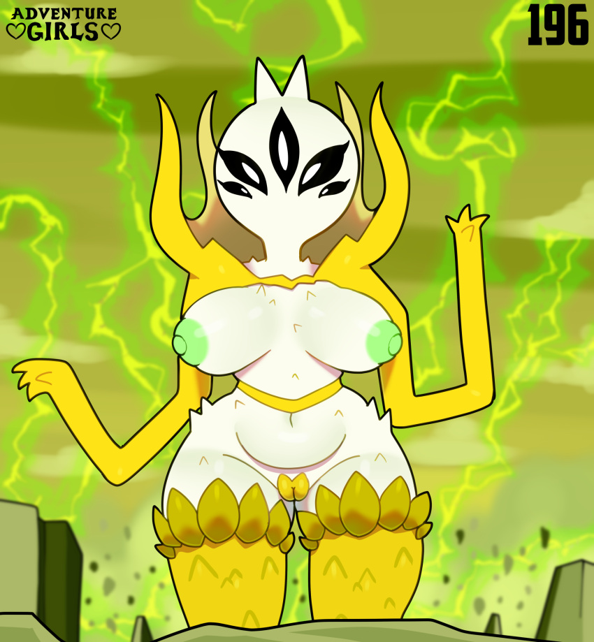 4_fingers 5_eyes adventure_time alien alien_humanoid areola big_breasts black_sclera breasts cartoon_network electricity english_text female fingers genitals green_areola green_nipples gunter_(adventure_time) hi_res humanoid monster_girl_(genre) multi_eye nipples nude orgalorg pupils pussy ruins solo somescrub text thick_thighs white_body white_pupils white_skin wide_hips