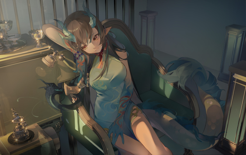 1girl absurdres arknights armchair black_hair blue_dress blue_skin breasts brown_eyes chair china_dress chinese_clothes closed_mouth colored_skin cup dragon_girl dragon_horns dragon_tail dress dusk_(arknights) dusk_(everything_is_a_miracle)_(arknights) earrings feet_out_of_frame gradient_skin green_hair highres holding horns indoors jewelry large_breasts long_hair looking_away looking_to_the_side multicolored_hair n6058 official_alternate_costume pelvic_curtain pointy_ears sitting sleeveless sleeveless_dress smile solo street_fighter tail tassel tassel_earrings tray two-tone_hair very_long_hair