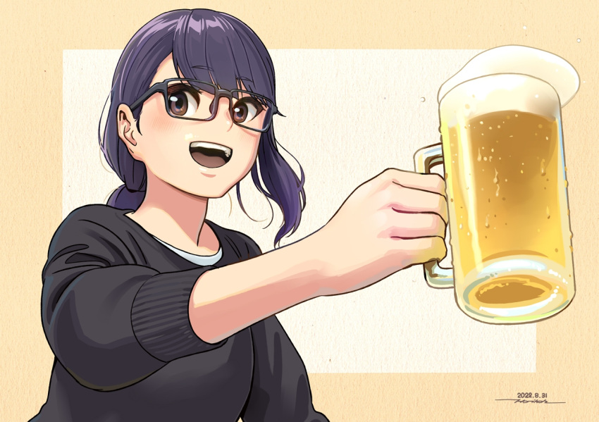 1girl :d alcohol beer beer_mug black-framed_eyewear brown_eyes commentary cup glasses holding horikou long_hair mug oogaki_chiaki ponytail purple_hair simple_background smile solo yurucamp