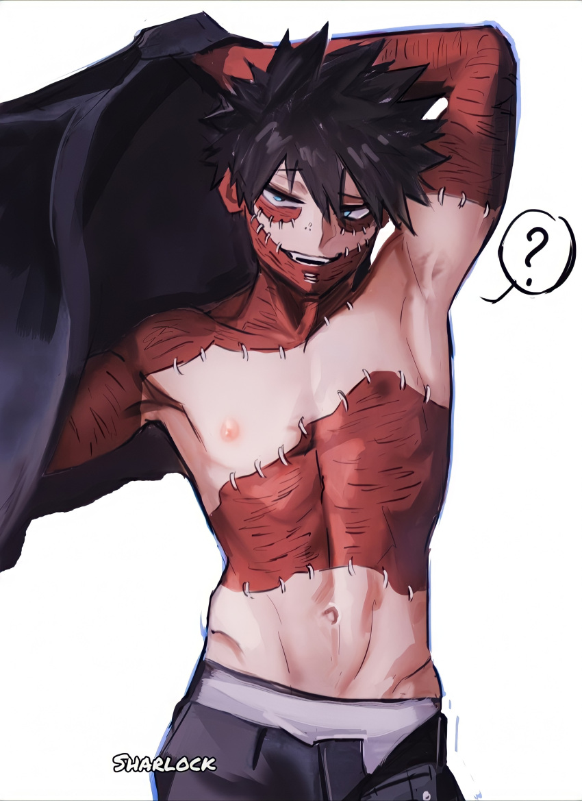 1boy ? absurdres black_hair blue_eyes boku_no_hero_academia burn_scar cheek_piercing commentary dabi_(boku_no_hero_academia) highres male_focus messy_hair multiple_scars navel nipples piercing scar scar_on_chest scar_on_hand scar_on_neck sharl0ck simple_background spoken_question_mark staple stapled stitches symbol-only_commentary topless_male white_background