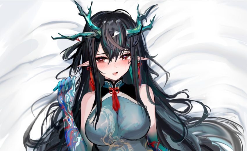 1girl arknights bangs bare_shoulders bed_sheet black_hair blue_dress blue_skin blush breasts colored_skin dakimakura_(medium) dragon_horns dress dusk_(arknights) dusk_(everything_is_a_miracle)_(arknights) earrings gradient_skin green_hair hat horns impossible_clothes impossible_dress jewelry large_breasts looking_at_viewer lying mikuning multicolored_hair official_alternate_costume on_back on_bed open_mouth pointy_ears qing_guanmao red_eyes sleeveless sleeveless_dress solo streaked_hair tassel tassel_earrings two-tone_hair upper_body