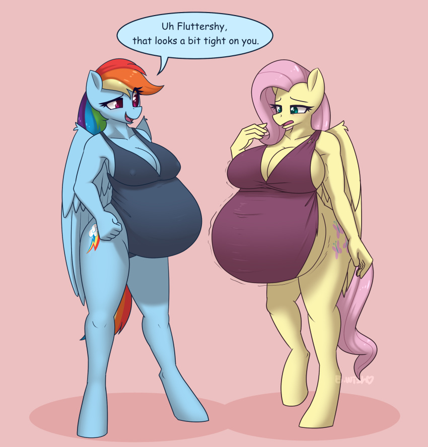 5_fingers absurd_res anthro anthrofied belly big_belly blue_body blue_feathers bumpywish clothing collarbone cutie_mark dialogue duo embarrassed english_text equid equine eyelashes feathered_wings feathers female fingers fluttershy_(mlp) friendship_is_magic hair hasbro hi_res hyper hyper_pregnancy mammal multicolored_hair my_little_pony open_mouth open_smile pegasus pink_hair pink_tail pregnant pregnant_female rainbow_dash_(mlp) rainbow_hair smile standing swimwear text wings yellow_body yellow_feathers