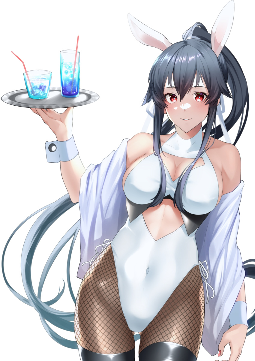 1girl animal_ears black_hair blush breasts cleavage closed_mouth clothing_cutout covered_navel cowboy_shot cup drinking_glass drinking_straw fake_animal_ears fishnet_pantyhose fishnets hair_between_eyes hair_ribbon highres holding holding_tray kantai_collection large_breasts leotard long_hair looking_at_viewer nail_polish pantyhose parted_lips playboy_bunny ponytail rabbit_ears red_eyes ribbon simple_background smile solo stomach_cutout thighs tray very_long_hair white_background white_leotard white_ribbon white_wrist_cuffs wrist_cuffs yahagi_(kancolle) yahagi_kai_ni_(kancolle) z_(knkr1025)