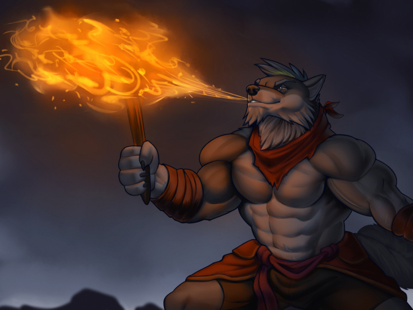 2022 5_fingers abs anthro arm_wraps bandanna black_nose bottomwear breath_powers canid canine canis claws clothed clothing digital_media_(artwork) domestic_dog elemental_manipulation finger_claws fingers fire fire_breathing fire_manipulation fur grey_body grey_fur husky kerchief male mammal marsel-defender muscular muscular_anthro muscular_male nordic_sled_dog pecs shorts solo spitz topless topless_anthro topless_male torch wraps