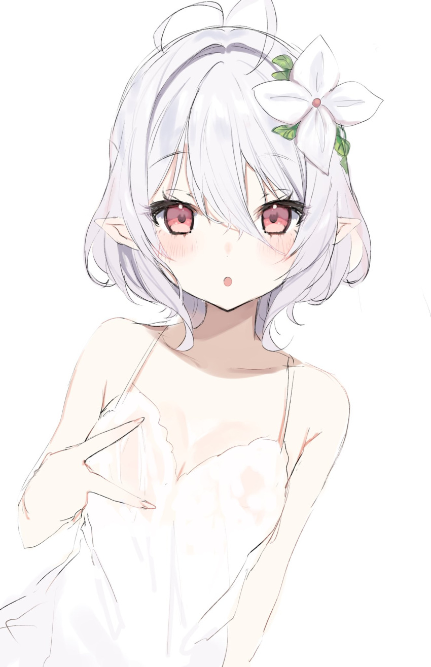 1girl :o antenna_hair arm_at_side bangs bare_shoulders blush breasts collarbone dress elf flower grey_hair hair_between_eyes hair_flower hair_ornament hand_up head_tilt highres kokkoro_(princess_connect!) leaning_to_the_side looking_at_viewer medium_breasts open_mouth pink_eyes pointy_ears princess_connect! see-through short_hair simple_background sketch solo upper_body v white_background white_dress white_flower yupi_(yuyupiko01)