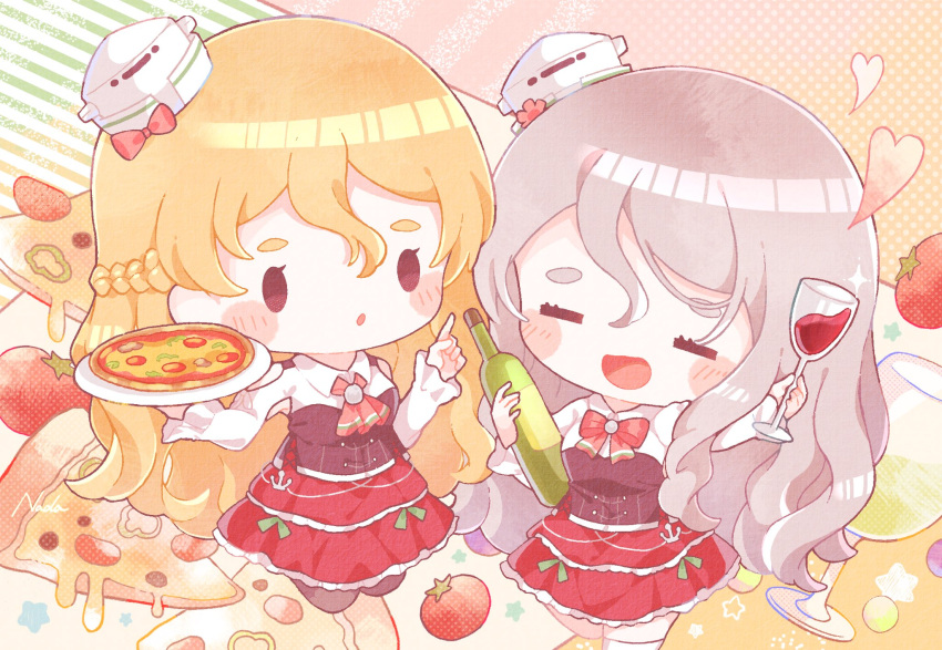2girls alcohol ascot blonde_hair blush_stickers bottle bow bowtie closed_eyes collared_shirt cup drinking_glass food grey_hair hair_between_eyes hat highres holding holding_bottle kantai_collection long_hair long_sleeves mini_hat multiple_girls nada_namie open_mouth pizza pola_(kancolle) red_ascot red_bow red_bowtie red_skirt shirt skirt smile thighhighs tomato vegetable white_headwear white_shirt white_thighhighs wine wine_bottle wine_glass zara_(kancolle)