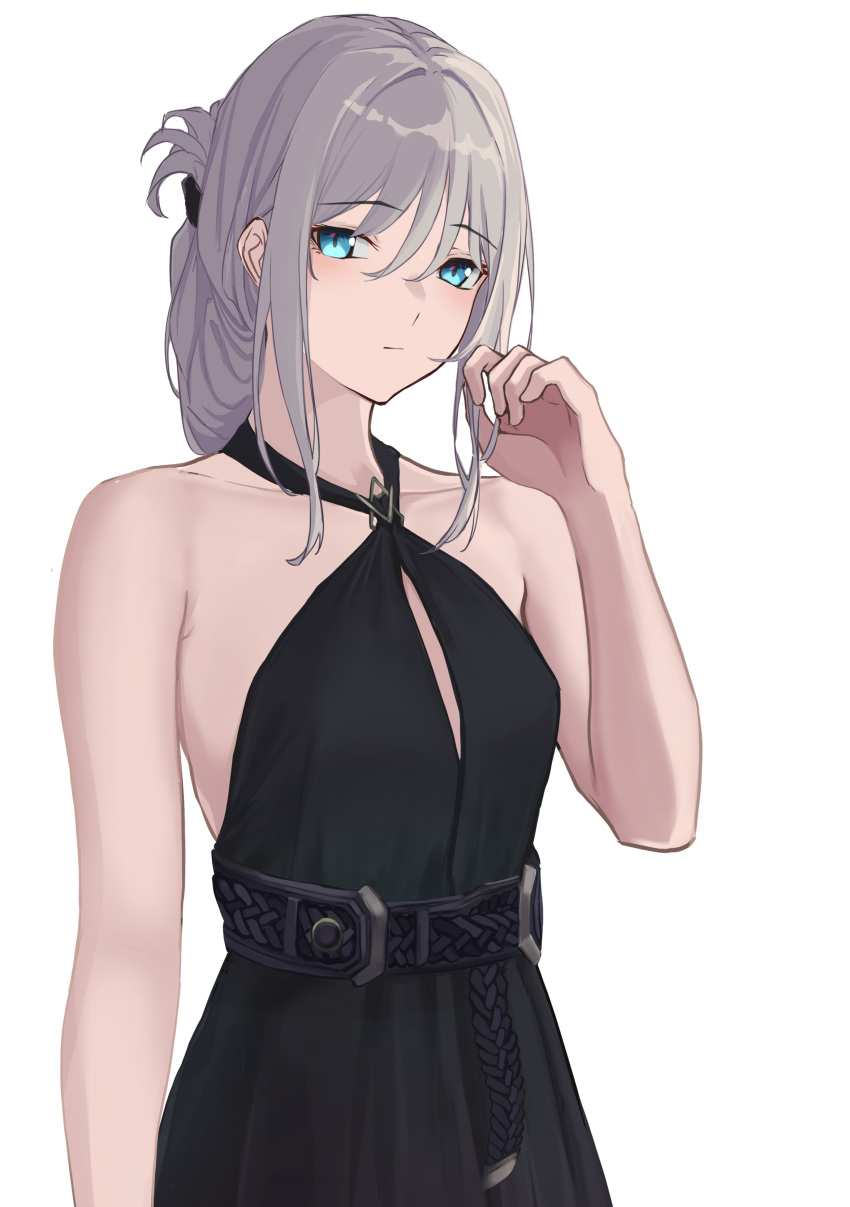 1girl 3_small_spiders absurdres alternate_hairstyle an-94_(girls'_frontline) an-94_(silent_rouge)_(girls'_frontline) aqua_hair backless_dress backless_outfit bare_shoulders blue_eyes dress evening_gown folded_ponytail girls'_frontline halter_dress halterneck hand_up highres long_hair official_alternate_costume white_background