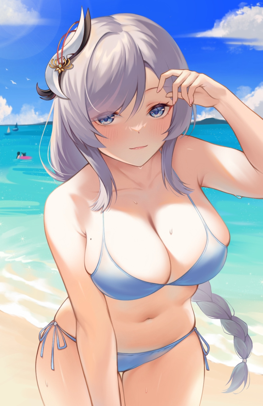 1girl 2others arm_up bangs bare_arms bare_shoulders beach bikini blue_eyes blue_sky blush boat breasts chinese_commentary cleavage cloud commentary_request cowboy_shot day genshin_impact grey_bikini grey_hair hair_ornament highres large_breasts long_braid long_hair looking_at_viewer mao_mao_juzhang mole mole_on_breast multiple_others navel ocean outdoors partial_commentary shenhe_(genshin_impact) side-tie_bikini_bottom sky smile solo_focus standing stomach swept_bangs swimsuit thighs very_long_hair wading water watercraft