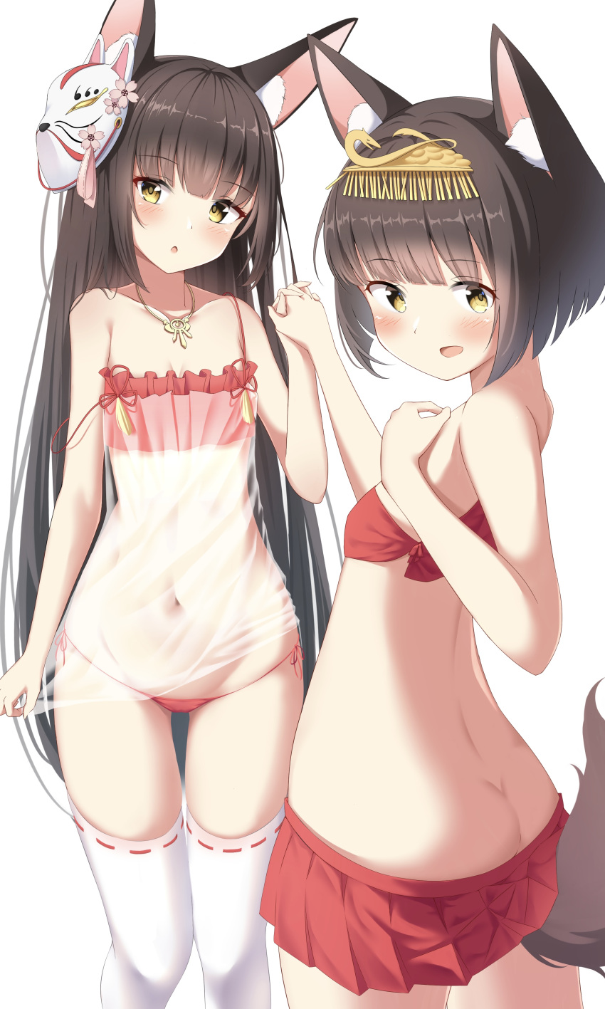 2girls absurdres animal_ears ass azur_lane blush breasts brown_eyes brown_hair butt_crack camisole cien_(shikanokuni) clothes_pull fox_ears fox_girl fox_mask fox_tail hair_ornament highres holding_hands jewelry long_hair looking_back lowleg lowleg_panties mask mask_on_head miniskirt multiple_girls mutsu_(azur_lane) nagato_(azur_lane) navel necklace no_panties open_mouth panties pleated_skirt red_camisole red_panties red_skirt see-through short_hair side-tie_panties simple_background skirt skirt_pull small_breasts stomach strap_slip tail thigh_gap thighhighs thighs underwear very_long_hair white_background white_thighhighs