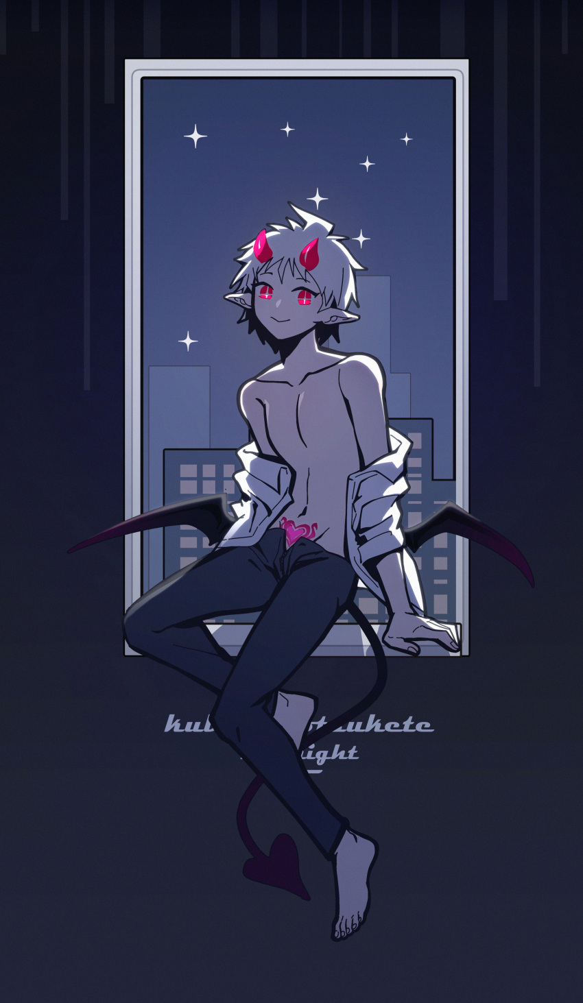 1boy absurdres ahoge alternate_eye_color alternate_hair_color bangs barefoot black_background black_pants clothes_pull danganronpa_(series) danganronpa_2:_goodbye_despair demon_boy demon_horns demon_tail demon_wings framed_image gradient gradient_background groin heart heart_tattoo highres hinata_hajime horns male_focus navel off_shoulder open_clothes open_pants open_shirt pants pointy_ears pubic_tattoo red_eyes red_horns shirt shirt_pull short_hair sitting smile tail tattoo white_shirt wings ziling