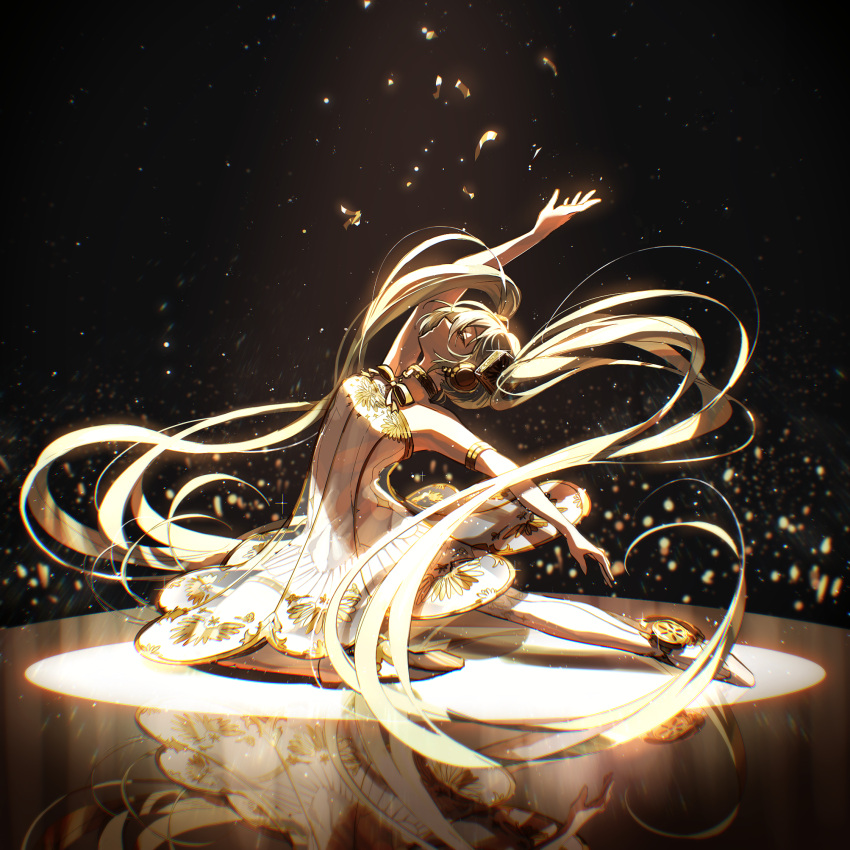 1girl ballerina ballet_slippers bangs bow bowtie choker closed_eyes closed_mouth dancing dark_room dress glowing gold_bowtie gramophone_miku green_hair hair_ornament hatsune_miku head_tilt highres kika light_particles long_hair miku_symphony_(vocaloid) off-shoulder_dress off_shoulder outstretched_arms outstretched_leg reflection sleeveless sleeveless_dress spotlight twintails vocaloid white_dress yellow_bow yellow_choker