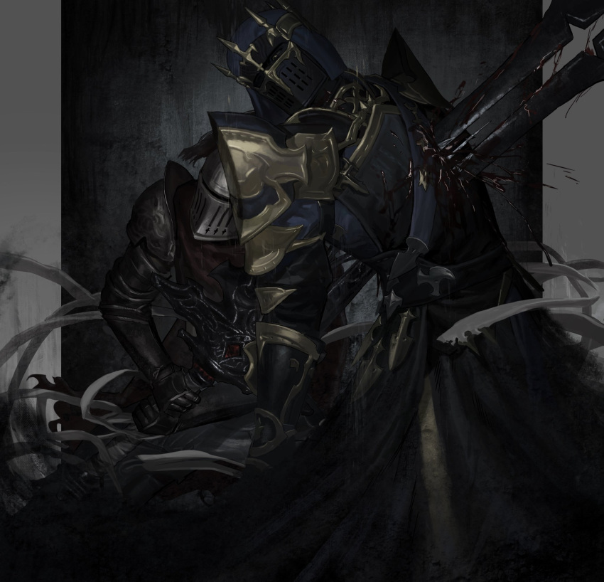 2others ambiguous_gender armor black_robe blood blood_on_weapon commentary covered_face covered_mouth dark_knight_(final_fantasy) feet_out_of_frame final_fantasy final_fantasy_xiv fray_myste full_armor gauntlets greatsword grey_background helm helmet highres holding holding_sword holding_weapon impaled injury multiple_others murder one_eye_closed outside_border pauldrons pillarboxed realistic robe shoulder_armor shoulder_belt stab standing sword symbol-only_commentary weapon wysswyrst yellow_eyes