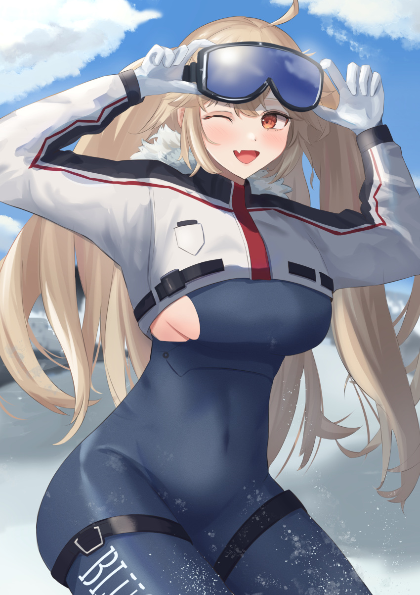 1girl absurdres adjusting_eyewear azur_lane bangs blonde_hair blue_bodysuit blue_sky bluecher_(azur_lane) bluecher_(high-altitude_head_over_heels)_(azur_lane) blush bodysuit breasts clothing_cutout cloud covered_navel cropped_jacket fang fur_collar gloves goggles goggles_on_head highres jacket linea_alba long_hair looking_at_viewer medium_breasts mountain mountainous_horizon official_alternate_costume one_eye_closed orange_eyes outdoors remapack77 sideboob skin_fang skin_tight sky snow solo text_print two_side_up white_gloves