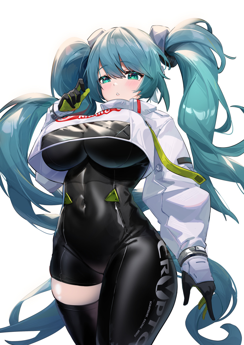 1girl absurdres alternate_breast_size aqua_eyes aqua_hair arm_at_side asymmetrical_bodysuit black_bodysuit black_gloves blush bodysuit breasts cleavage covered_navel cowboy_shot crop_top crop_top_overhang cropped_jacket curvy flame_print gloves goodsmile_racing green_gloves hair_between_eyes hand_up hatsune_miku highres jacket large_breasts long_hair long_sleeves looking_at_viewer parted_lips race_queen racing_miku racing_miku_(2022) shuibo simple_background single_thighhigh smiley_face solo thighhighs thighs twintails two-tone_gloves very_long_hair vocaloid white_background white_jacket