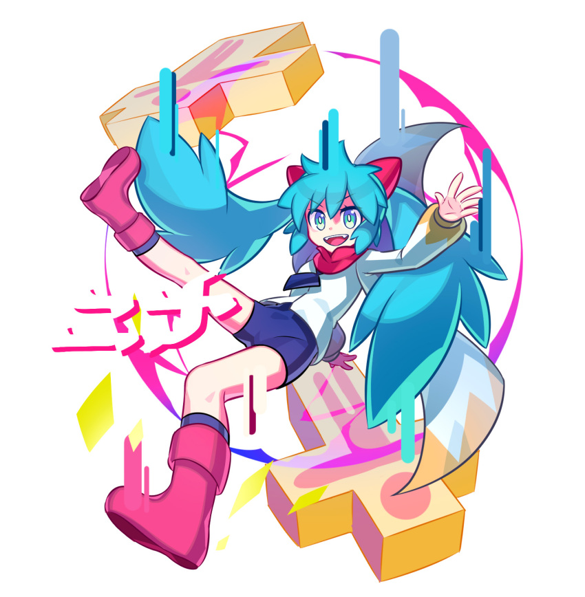 1girl :d blue_eyes blue_hair blue_shorts fang fold-over_boots hagehiro hand_up hatsune_miku highres jacket kneehighs leg_up long_hair long_sleeves looking_at_viewer nina_(vocaloid) open_mouth puffy_sleeves red_footwear red_scarf scarf shorts simple_background smile socks solo twintails very_long_hair vocaloid white_background white_jacket