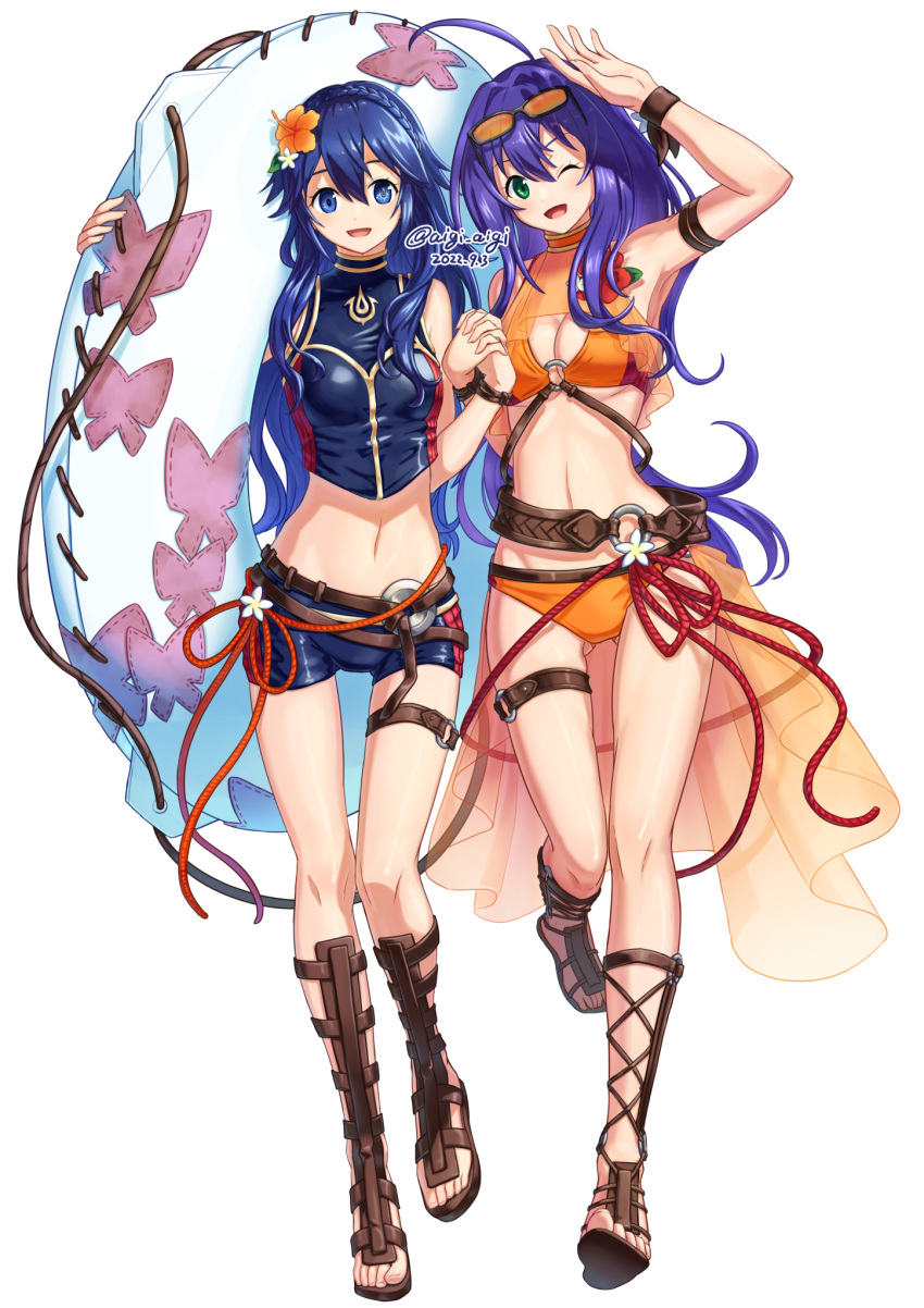 2girls ;d alternate_costume arm_strap arm_up ass_visible_through_thighs bare_shoulders belt bikini bikini_shorts birthmark blue_bikini blue_eyes blue_hair breasts cleavage dated eyewear_on_head fire_emblem fire_emblem:_radiant_dawn fire_emblem_awakening fire_emblem_cipher fire_emblem_heroes flower full_body gladiator_sandals green_eyes groin hair_flower hair_ornament highres holding holding_hands holding_innertube innertube leg_up long_hair looking_at_viewer lucina_(fire_emblem) medium_breasts mia_(fire_emblem) midriff multiple_girls navel official_alternate_costume one_eye_closed open_mouth orange-tinted_eyewear orange_bikini orange_flower sandals short_shorts shorts simple_background sleeveless smile sumire_l.a. sunglasses swimsuit thigh_strap tinted_eyewear twitter_username white_background wristband