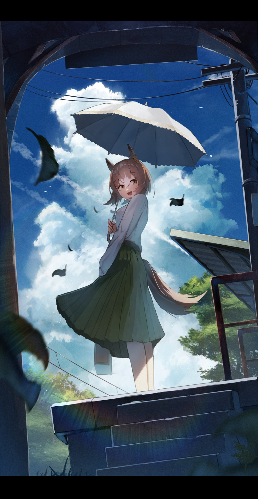 1girl absurdres animal_ears arm_at_side bangs breasts brown_eyes brown_hair cloud fine_motion_(umamusume) green_skirt hair_between_eyes highres holding holding_suitcase holding_umbrella horse_ears horse_girl horse_tail leaf letterboxed long_sleeves no_842 open_mouth parasol power_lines shirt short_hair skirt small_breasts smile solo standing suitcase tail tail_through_clothes train_station tree umamusume umbrella utility_pole white_shirt wind