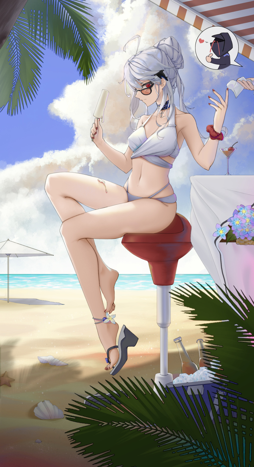 1girl 1other absurdres ahoge alternate_hairstyle anklet arknights bare_legs beach beach_umbrella bikini blue_sky bottle cloud cooler day doctor_(arknights) feet food hair_bun hands_up highres holding holding_food jewelry legs long_hair looking_at_viewer moyus multi-strapped_bikini nail_polish navel no_headwear ocean orca_hair_ornament outdoors popsicle red_eyes red_nails sandals shoe_dangle single_sandal sitting skadi_(arknights) sky solo_focus stomach sunglasses swimsuit thighs toenail_polish toenails toes umbrella water white_bikini white_hair