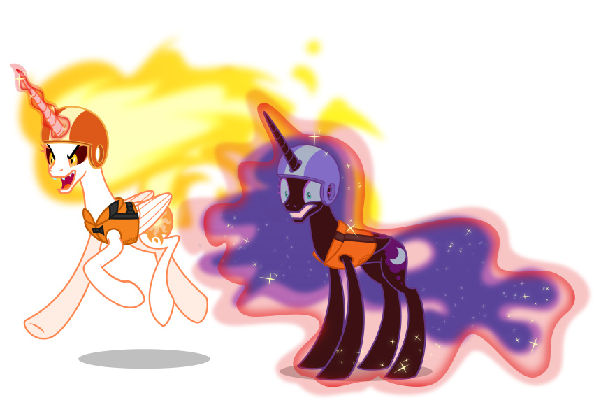 absurd_res amber_eyes armor black_sclera blue_eyes blue_sclera clenched_teeth cutie_mark daybreaker_(mlp) equid equine ethereal_hair ethereal_tail fangs fire flaming_hair flaming_mane flaming_tail friendship_is_magic glowing hasbro headgear helmet hi_res horn levitation life_jacket magic mammal my_little_pony nightmare_moon_(mlp) orin331 pseudo_hair pseudo_mane pupils slit_pupils sparkles teeth winged_unicorn wings