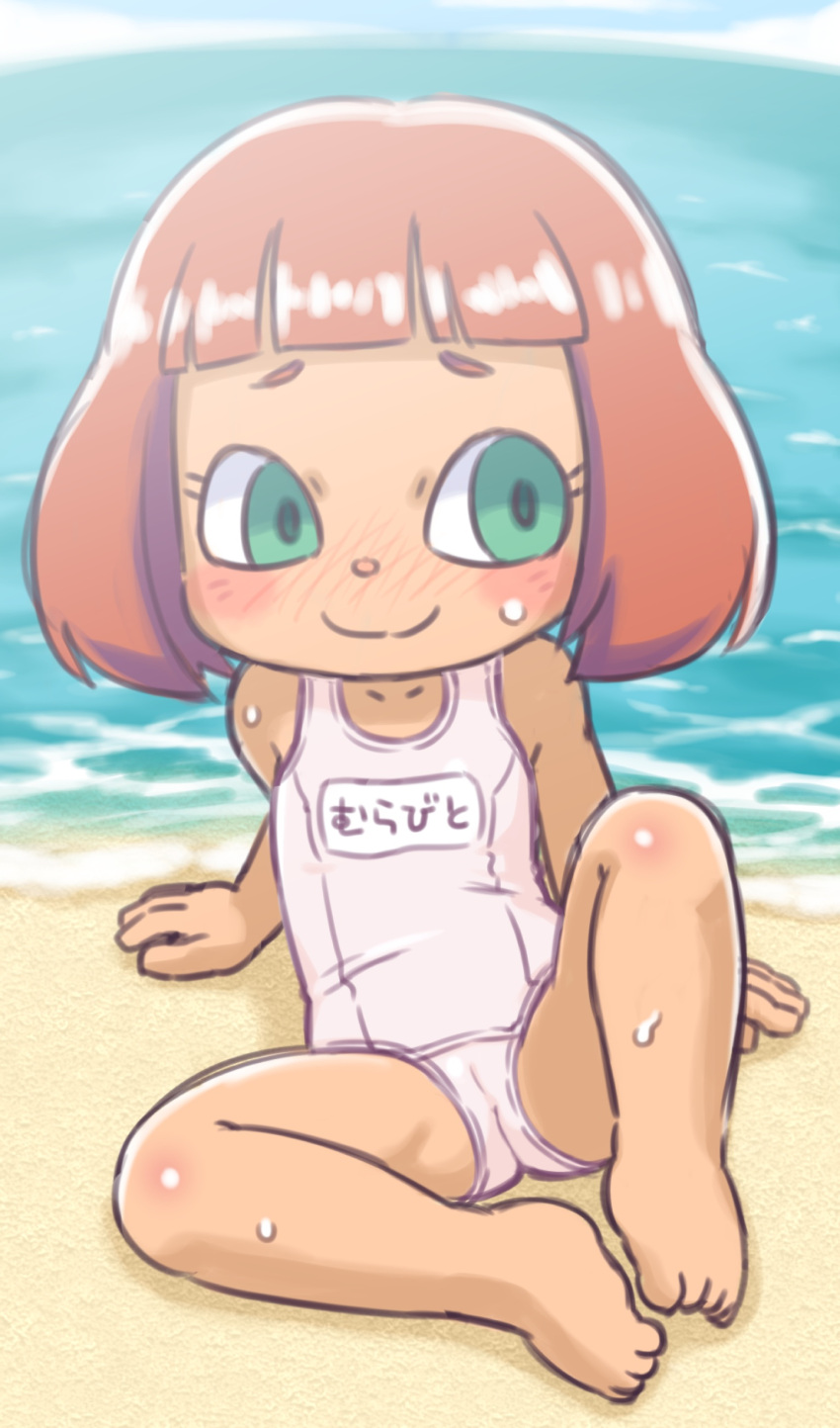 1girl absurdres animal_crossing aqua_eyes aqua_pupils bangs bare_arms bare_legs bare_shoulders barefoot beach blue_sky blunt_bangs blush closed_mouth cloud day flat_chest furrowed_brow highres leaning_back looking_to_the_side name_tag nose_blush old_school_swimsuit one-piece_swimsuit orange_hair outdoors sand school_swimsuit seaside short_bangs short_hair sitting sky smile solo swimsuit villager_(animal_crossing) water yugmlecpdduukox