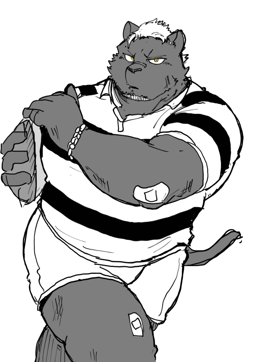 2022 anthro aretna band-aid bandage bottomwear clothing felid hi_res humanoid_hands kemono male mammal overweight overweight_male rugby rugby_ball rugby_uniform shirt shorts simple_background solo topwear