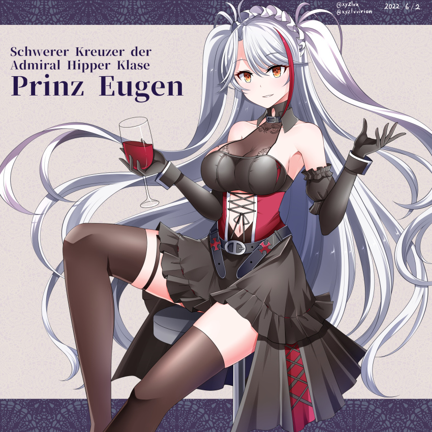 1girl absurdres artist_name azur_lane black_gloves breasts brown_thighhighs character_name clothing_cutout cup dated dress drinking_glass elbow_gloves gloves hebitsukai-san highres large_breasts layered_dress long_hair looking_at_viewer multicolored_hair navel navel_cutout official_alternate_costume orange_eyes prinz_eugen_(azur_lane) prinz_eugen_(kindred_evening_spirits)_(azur_lane) red_hair simple_background sleeveless sleeveless_dress solo streaked_hair thighhighs two-tone_hair very_long_hair white_hair wine_glass