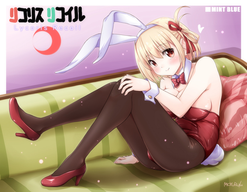 1girl animal_ears bangs black_pantyhose blonde_hair bob_cut bow bowtie breasts commentary_request copyright_request couch crescent detached_collar fake_animal_ears hair_ribbon large_breasts leotard lycoris_recoil moyuru nishikigi_chisato pantyhose playboy_bunny rabbit_ears rabbit_tail red_bow red_bowtie red_eyes red_leotard red_ribbon ribbon short_hair solo strapless strapless_leotard tail wrist_cuffs