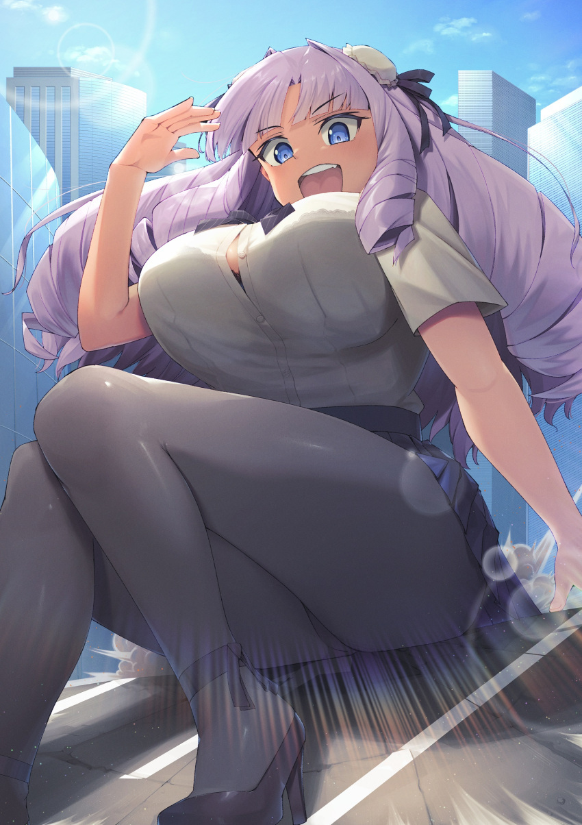 1girl :d absurdres bangs black_footwear black_pantyhose black_ribbon black_skirt blue_eyes blunt_bangs bra bra_peek breasts building button_gap city double_bun drill_hair fujido_oriko giant giant_ojou-sama giantess hair_bun hair_ribbon high_heels highres large_breasts light_purple_hair long_hair looking_at_viewer open_mouth pantyhose pleated_skirt rezomi_zore ribbon shirt skirt smile solo thighs underwear white_shirt