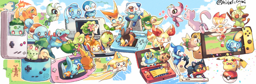 &gt;_&lt; :&lt; :3 ^_^ alternate_color animal_ear_fluff animal_focus anniversary arms_up artist_name badge bandaid bandaid_on_face bandaid_on_nose beach black_eyes blue_sky blush_stickers bow bowtie bright_pupils brown_eyes buck_teeth bulbasaur celebi charmander chespin chikorita chimchar closed_eyes closed_mouth cloud colored_sclera commentary_request confetti cyndaquil day everyone fairy fairy_wings fang fangs fennekin fire flame-tipped_tail floating flower froakie from_behind from_side full_body game_boy game_boy_advance game_boy_color grass green_eyes grookey handheld_game_console hands_up happy highres hitofutarai jirachi jumping latias latios leaf litten looking_at_another looking_down looking_up manaphy mew mudkip nervous nintendo_3ds nintendo_3ds_ll nintendo_ds nintendo_ds_lite nintendo_switch no_humans ocean open_mouth oshawott outdoors outline outstretched_arms partial_commentary path pink_flower piplup poke_ball poke_ball_(basic) pokemon pokemon_(creature) pokemon_(game) pokemon_bw pokemon_dppt pokemon_gsc pokemon_rgby pokemon_rse pokemon_sm pokemon_swsh pokemon_xy popplio profile pyukumuku rattata rayquaza red_bow red_bowtie red_eyes road rowlet sand scorbunny seashell shadow shaymin shaymin_(land) shell shiny_pokemon signature skin_fang sky smile snivy snorlax sobble sparkle spread_arms squirtle standing starter_pokemon_trio sudowoodo sweatdrop teeth tepig through_screen torchic totodile traditional_bowtie treecko turtwig twitter_username u_u upper_body victini water white_outline white_pupils wings yellow_sclera