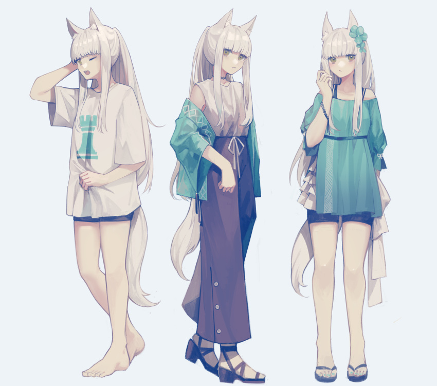 3girls absurdres animal_ear_fluff animal_ears aqua_flower aqua_shirt arknights arm_behind_back bangs barefoot black_shorts blunt_bangs bracelet brown_eyes choker closed_mouth collarbone flower fox_ears fox_tail full_body grey_background hair_flower hair_ornament hand_in_own_hair highleg highleg_panties highres jewelry long_hair looking_at_viewer miike_(992058) multiple_girls off-shoulder_shirt off_shoulder one_eye_closed panties pants platinum_(arknights) ponytail print_shirt purple_pants ribbon shiny shiny_hair shirt short_shorts shorts sidelocks sleeveless sleeveless_shirt standing t-shirt tail underwear very_long_hair white_hair white_ribbon white_shirt