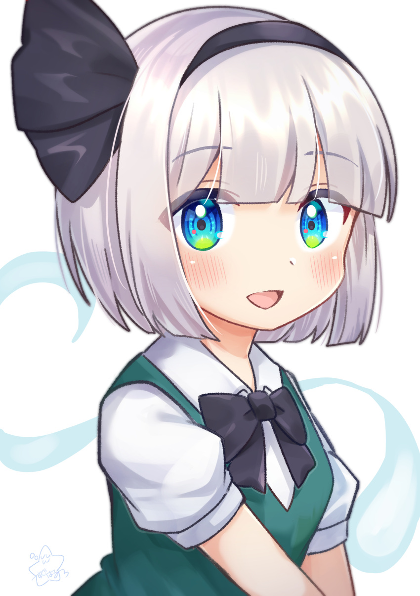 1girl :d absurdres bangs black_bow black_bowtie black_hairband blue_eyes blunt_bangs bow bowtie ghost grey_hair hairband highres konpaku_youmu konpaku_youmu_(ghost) looking_at_viewer open_mouth short_hair short_sleeves smile solo suguharu86 touhou upper_body