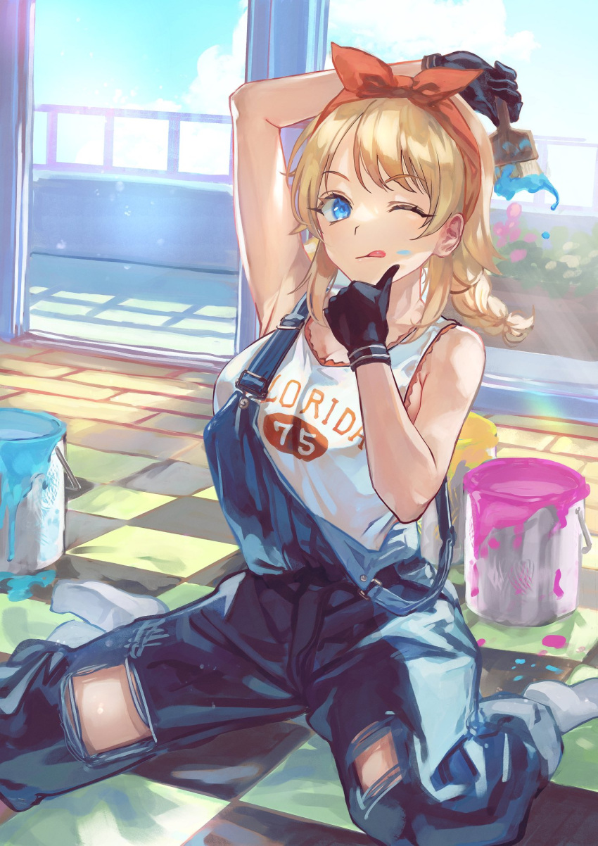 1girl arm_behind_head armpit_crease armpits asymmetrical_bangs balcony bangs blonde_hair blue_eyes bow_hairband braid braided_ponytail breasts cleavage clothes_writing day english_text hachimiya_meguru hairband highres holding holding_paintbrush idolmaster idolmaster_shiny_colors large_breasts light_particles light_rays looking_at_viewer medium_hair one_eye_closed orange_hairband otsudou overalls paint_can paint_splatter paintbrush plant potted_plant railing sitting socks solo strap_slip sunbeam sunlight tank_top thumbs_up tile_floor tiles tongue tongue_out torn_overalls wariza white_socks