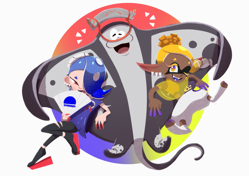 :3 absurd_res animal_humanoid anthro batoid bennycartoonist big_man_(splatoon) blonde_hair cephalopod cephalopod_humanoid female fish frye_(splatoon) group hair hi_res humanoid humanoid_pointy_ears inkling male manta_ray marine marine_humanoid mollusk mollusk_humanoid nintendo octarian octoling one_eye_closed paper_fan pupils shiver_(splatoon) slit_pupils splatoon stingray tentacles trio video_games wink