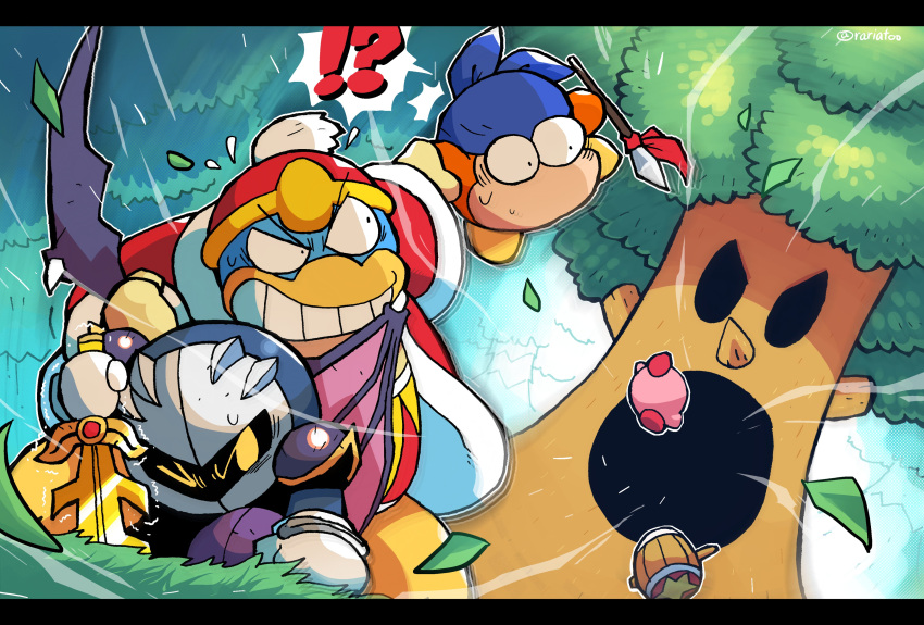 absurdres bandana bandana_waddle_dee cape clenched_teeth coat galaxia_(sword) hammer highres holding holding_hands holding_sword holding_weapon king_dedede kirby kirby's_return_to_dream_land kirby_(series) leaf mask meta_knight one_eye_closed open_mouth planted planted_sword polearm rariatto_(ganguri) spear sword teeth tree weapon whispy_woods wind wings