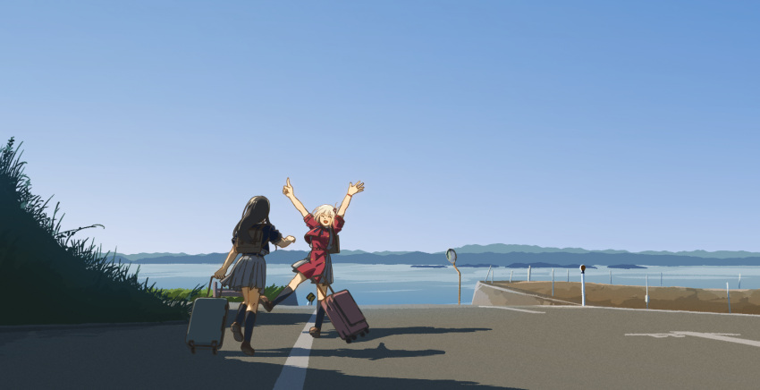 2girls arms_up backpack bag black_socks blue_sky bush cloud day fuyuhino inoue_takina lycoris_recoil lycoris_uniform multiple_girls nishikigi_chisato outdoors pointing pointing_up road road_sign scenery shadow sign sky socks uniform