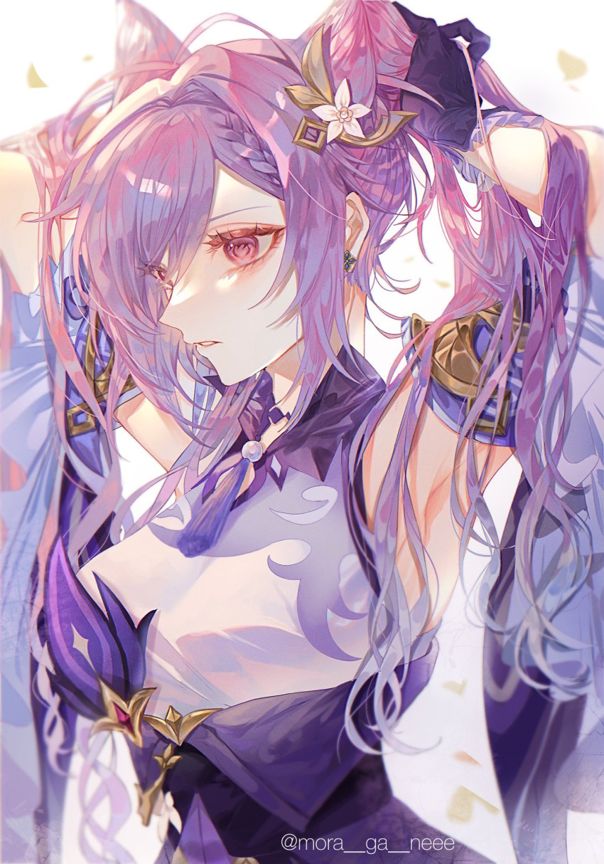 1girl armpits arms_up bangs black_gloves breasts bunching_hair detached_sleeves double_bun ear_piercing genshin_impact gloves hair_between_eyes hair_bun hair_ornament highres jewelry keqing_(genshin_impact) large_breasts long_hair mora_ga_nee parted_lips piercing pink_eyes purple_hair simple_background solo tassel twintails twitter_username upper_body very_long_hair wide_sleeves